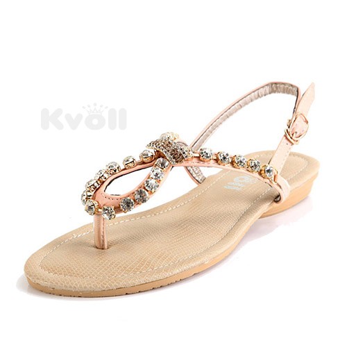 2013新款Kvoll女凉鞋 女鞋子粉色PU皮波西米亚风镶钻镂空平底夹趾