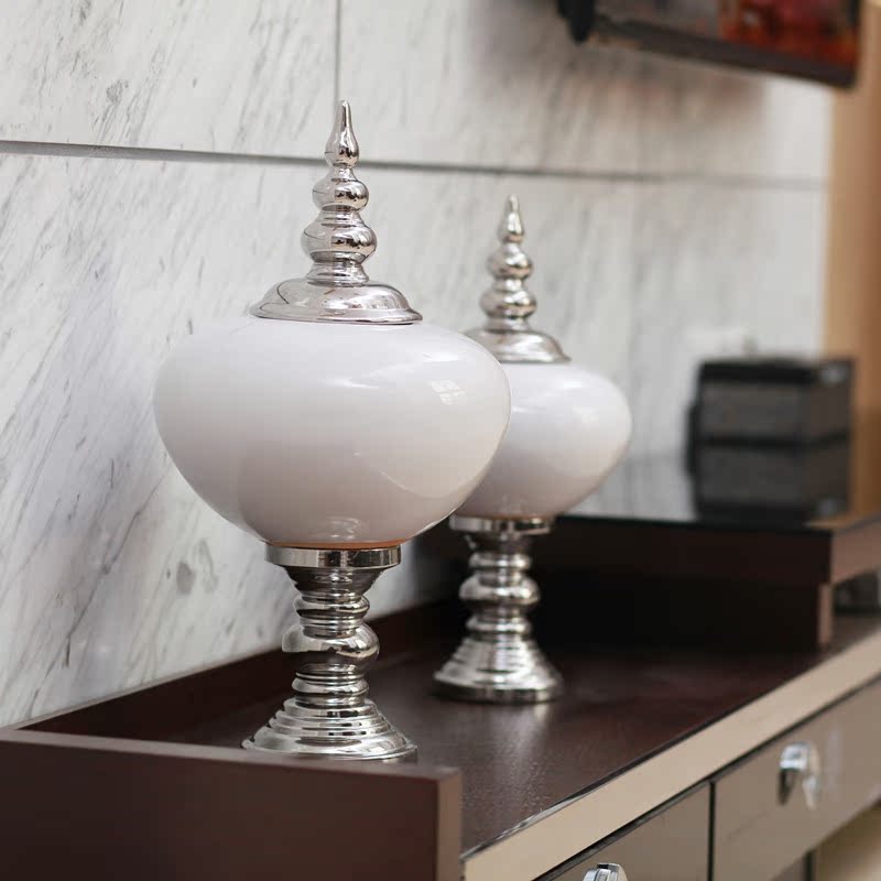 欧式家居装饰品现代摆设简约客厅摆件电镀银色陶瓷两件套 糖果罐