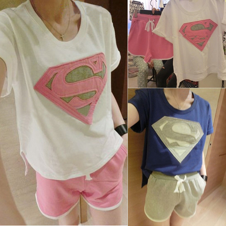 包邮2014夏季新款韩版女装 拼接撞色短袖T+运动短裤休闲两件套装