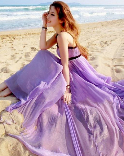 2015紫色仙女抹胸裹胸波西米亚连衣裙雪纺吊带长裙海边度假沙滩裙