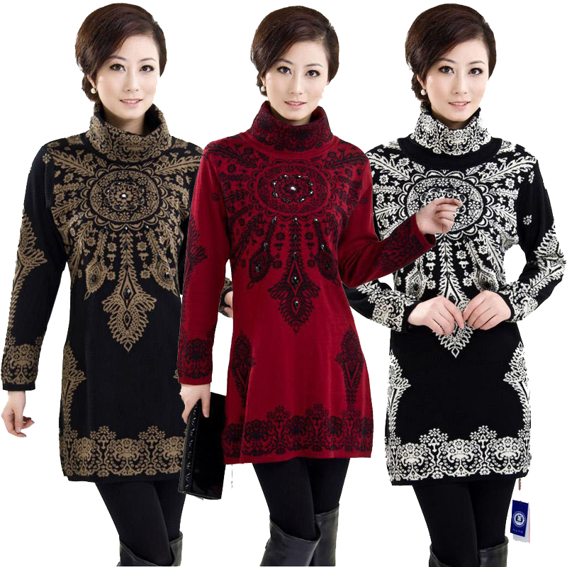 2015秋冬新款女士羊绒衫韩版大码加厚中长款针织打底衫中老年毛衣