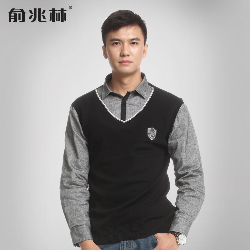 2015年俞兆林秋季新款绵柔修身黑底格纹男士衬衫领假两件针织衫