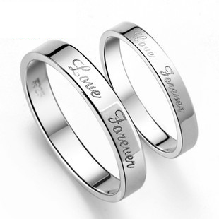 爱相随925纯银镀铂金 韩版简约情侣男女对戒指环创意刻字一对包邮