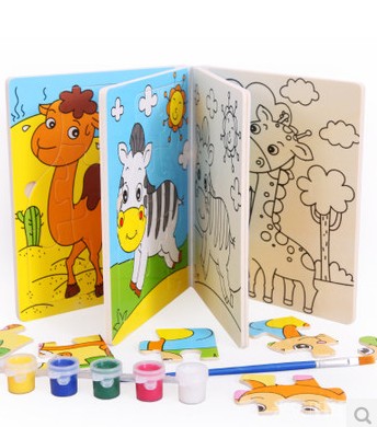 X新款木书拼图学涂画4页绘画木书彩色颜料涂画儿童启蒙益智玩具