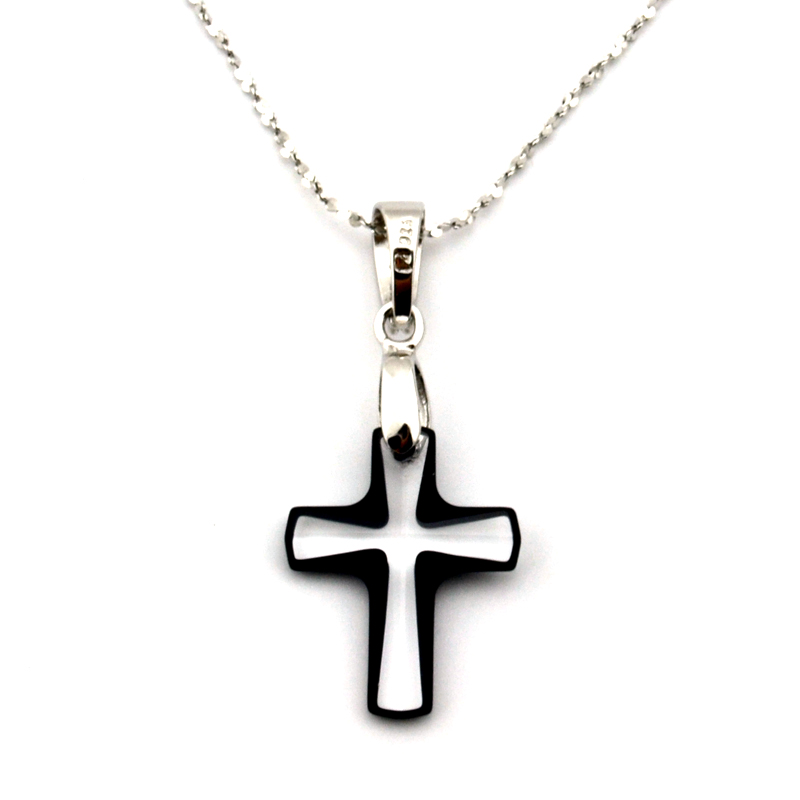 恒久爱 S925纯银水晶镶钻黑边十字架吊坠女款项坠极度精致基督教