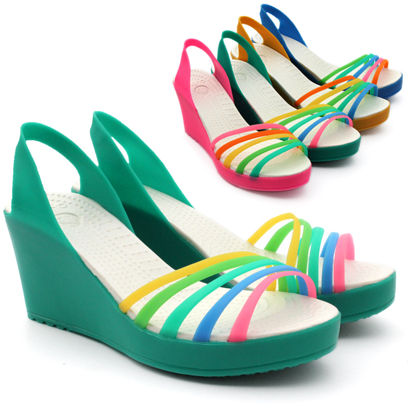 甜美夏季沙滩鞋 糖果色厚底坡跟凉鞋 高跟女鞋子彩虹鞋舒适凉拖鞋
