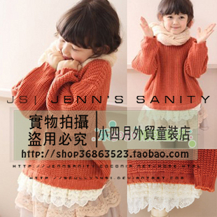 韩国女童30%羊毛橘色蕾丝花边毛衣针织衫棒针衫