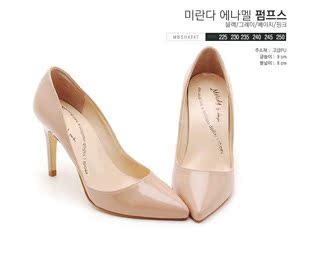 韩国代购裸色LO性感漆皮浅口尖头高跟大码女单鞋 婚鞋上班工作鞋