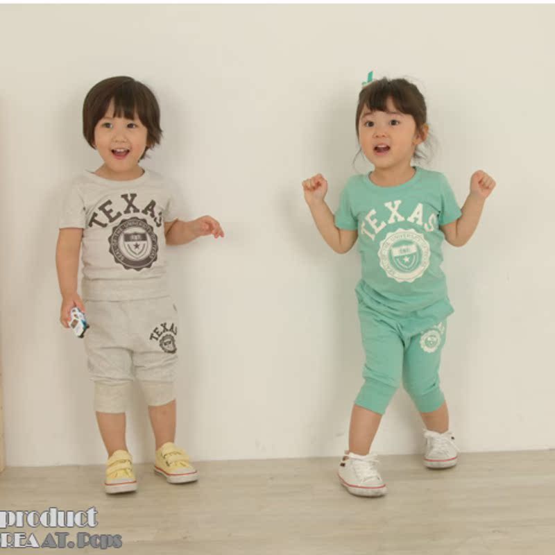 2013夏季新款韩版童装 儿童两件套 男童T恤+五分裤 女童马裤套装