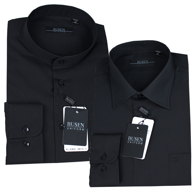 步森衬衫 BUSEN步森男式长袖衬衫 商务衬衣 纯黑色男衬衫正品免烫