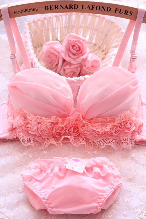 日系甜美可爱内衣 立体花朵蕾丝边聚拢性感 粉色黑色白色文胸套装