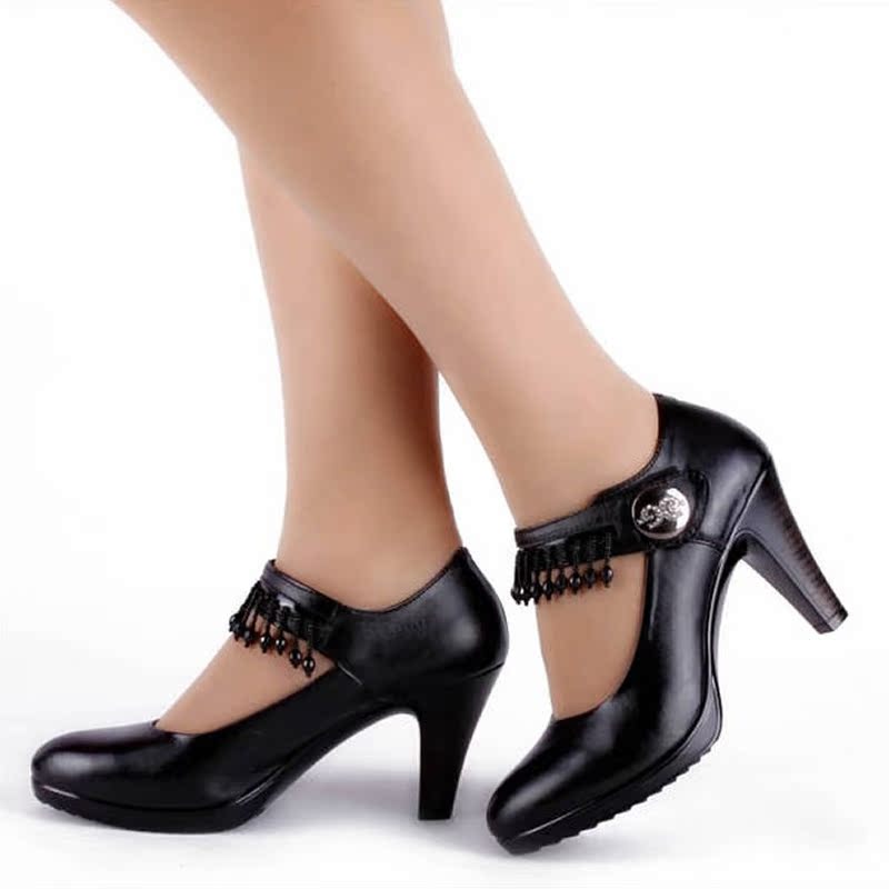2013春秋新款女鞋正品牌单鞋女士真皮鞋圆头粗跟高跟鞋 BVA妈妈鞋