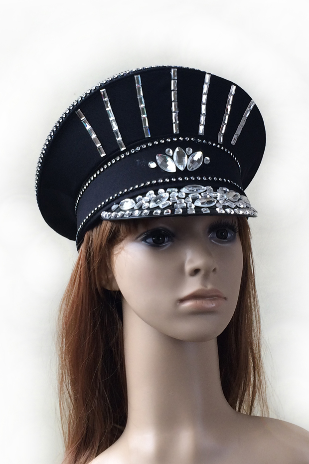 黑色闪钻警察帽子舞会表演摄影配饰帽演出酒吧歌手帽女