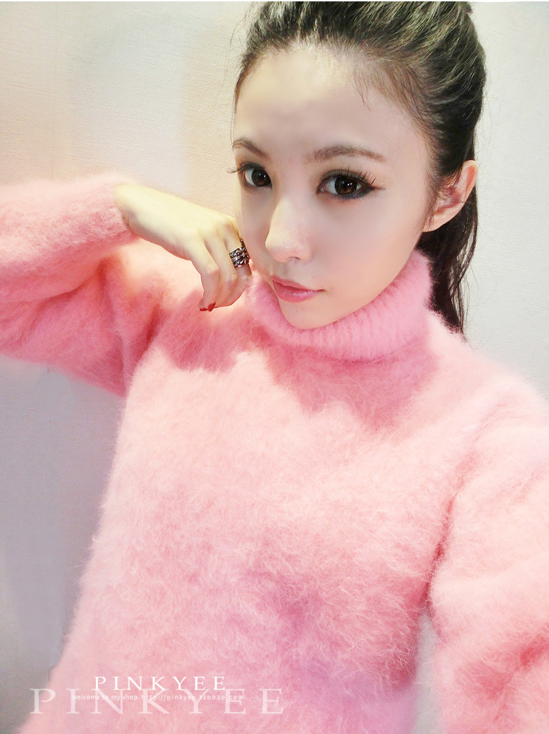 pinkyee2013韩版秋冬新款女装长毛貂绒衫保暖宽松高领套头毛衣厚