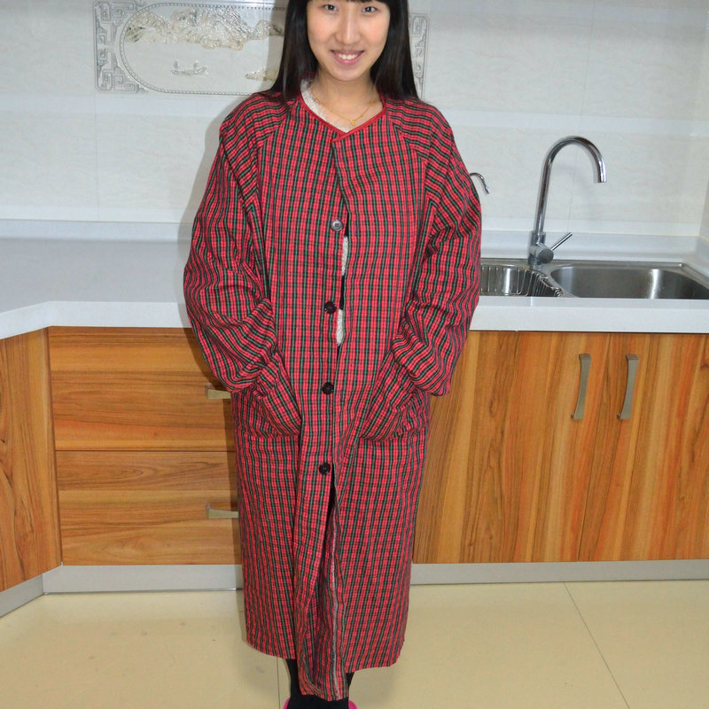 铄千绘韩版长袖厨房罩衣纯棉格子工作围裙加厚加大加肥2件包邮