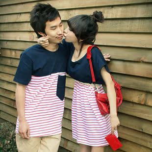 韩国版 夏季新款情侣装 男短袖t恤 女可爱连衣裙裙c05