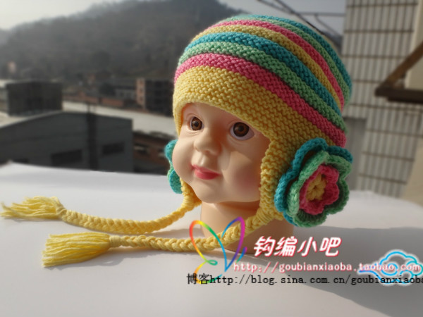 手工编织宝宝毛线帽材料包/黄色彩条护耳帽，含0基础编织视频教程