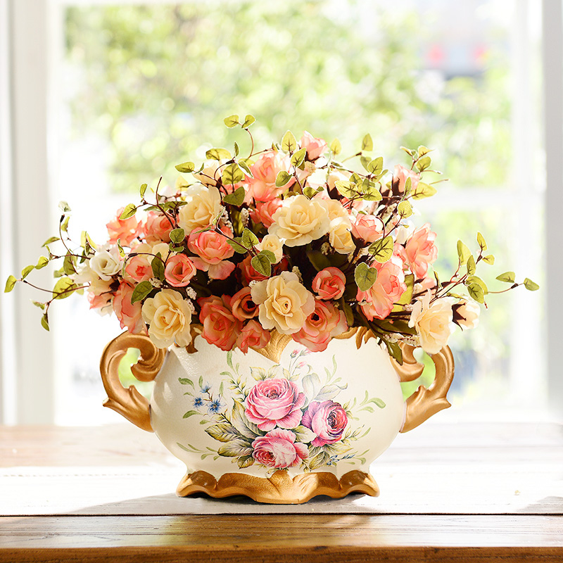 奇居良品 欧式客厅整体花艺陶瓷双耳花瓶仿真花绢花 玫瑰花艺套装