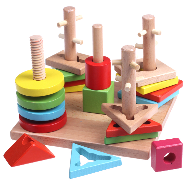 儿童早教益智玩具男女孩1-2-3周岁几何形状配对智力积木五套柱