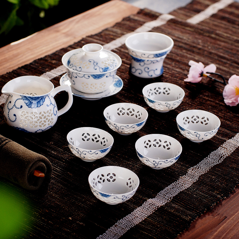 景德镇 8头青花釉中玲珑瓷 功夫茶具茶具陶瓷套装 6个杯子礼品