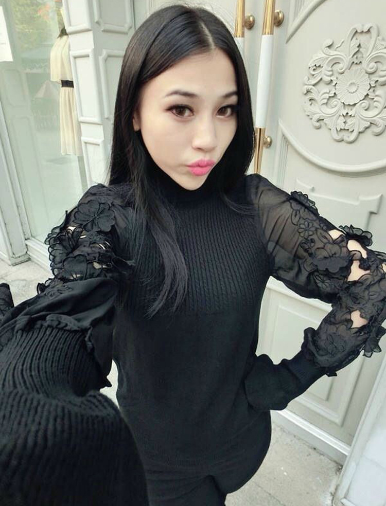 13女装新款韩版 时尚高领重工立体花朵刺绣镂空修身针织上衣G025