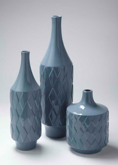 灰蓝色细颈陶瓷简约现代菱形格纹花瓶 家居样板房装饰摆件 饰品