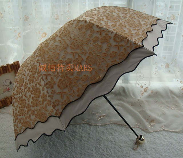 零透光 全蕾丝双层伞黑胶涂层遮阳伞超强防晒防紫外线三折太阳伞