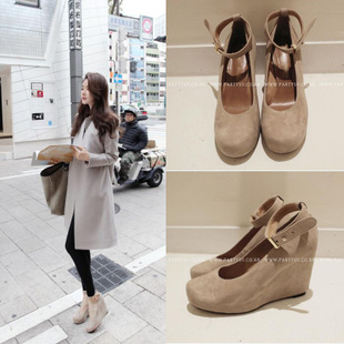 韩国代购Partysu甜美公主女鞋防水台内外增高坡跟韩版真皮单鞋子