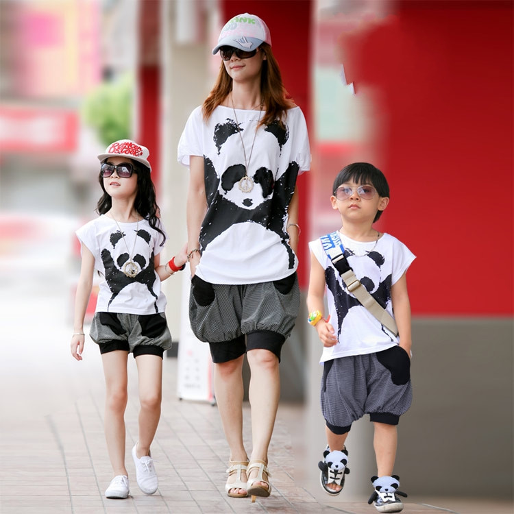 亲子装夏装2015款全家装韩版童装最新款熊猫印花套装母女装家庭装