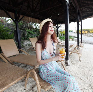 新款韩国沙滩裙 V领雪纺圆点长裙 波西米亚显瘦拖地长裙