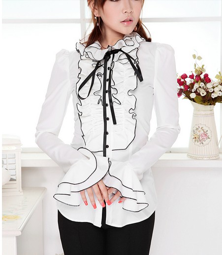 2014新款白色荷叶边黑缎带蝴蝶结泡泡长袖衬衫