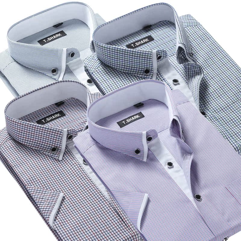 2015夏装新款双领男士短袖衬衫男衬衣商务修身型休闲条纹棉免烫