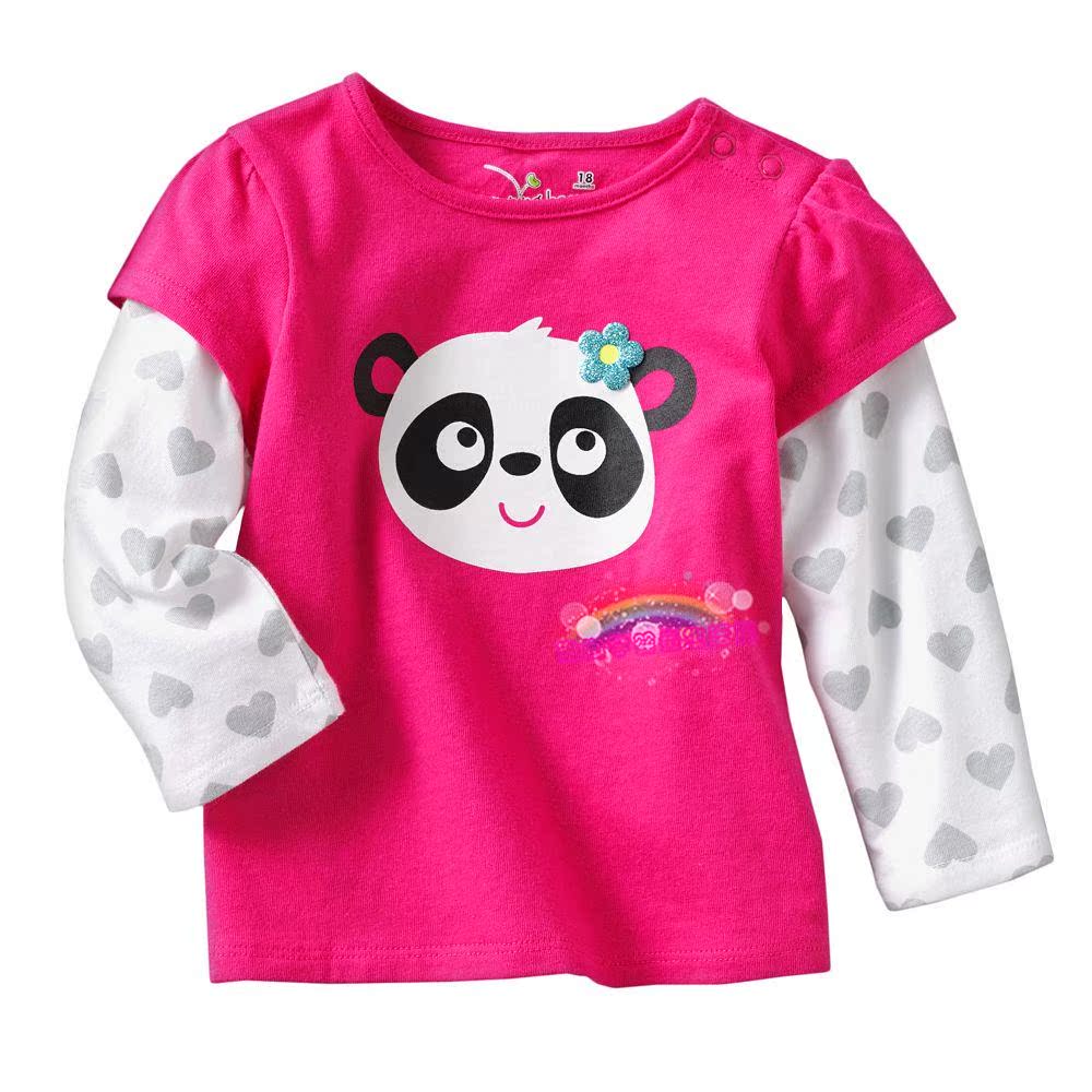 女童长袖T恤 春秋新款 玫红色卡通蝴蝶结熊猫 假两件拼接袖上衣