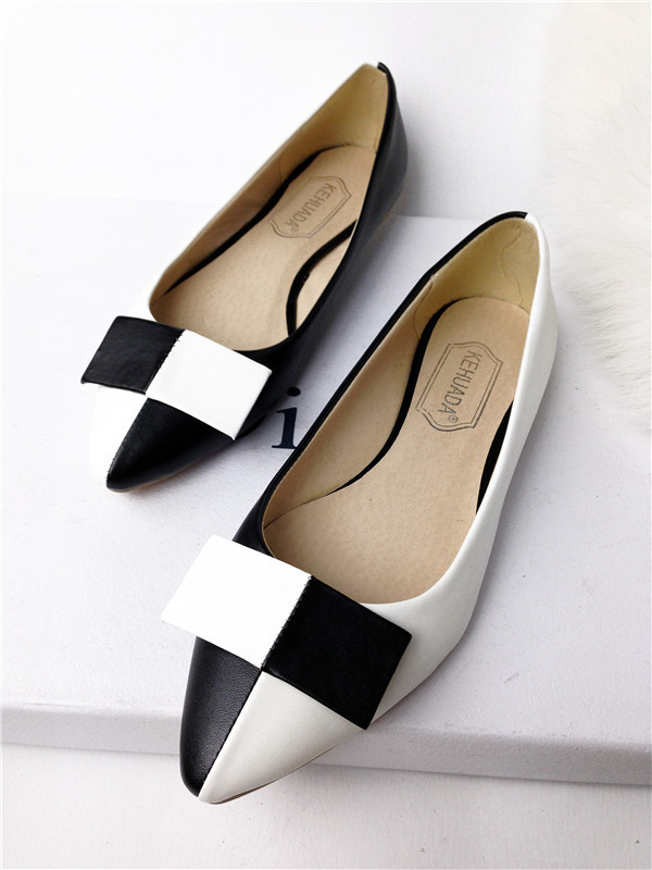2014春季新款韩版街头女鞋性感黑白格子拼色尖头平底鞋F9zJV1
