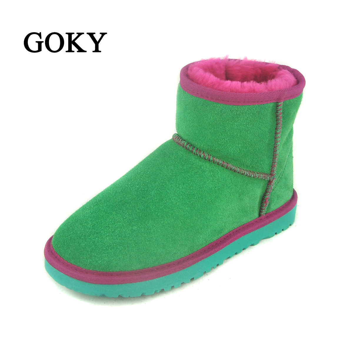 GOKY短筒拼色雪地靴女真牛皮冬季靴子羊皮毛一体保暖防滑低帮棉鞋