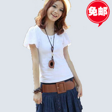 包邮！2012新款夏装短袖t恤 女韩版修身白色雪纺泡泡袖飞飞袖大码