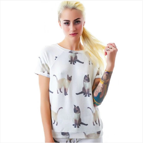 专柜现货美国代购2014春夏新款WILDFOX猫咪图案短袖女装圆领短T恤
