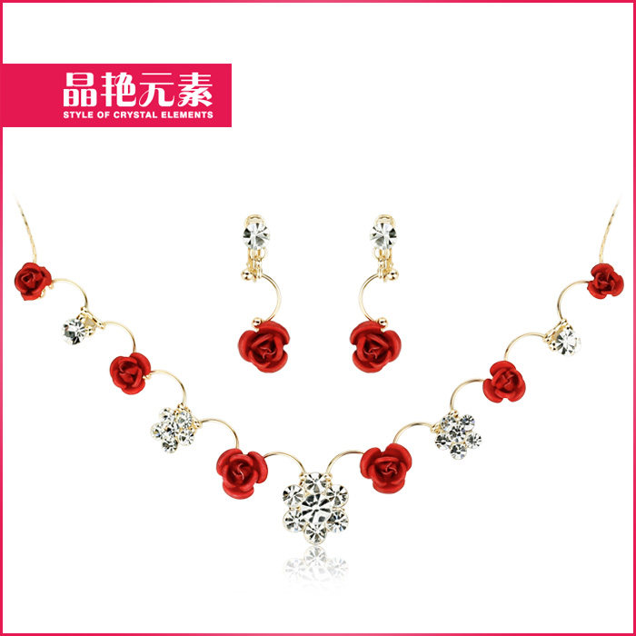 水晶玫瑰项链耳环套装 韩国新娘晚装款包邮红色正品防褪色抗过敏