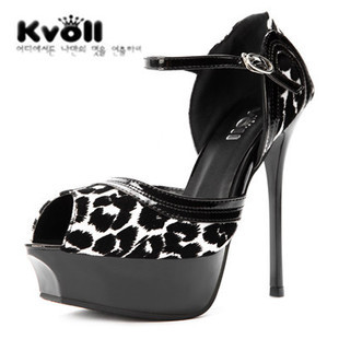 kvoll2015夏新款日韩版时尚豹纹腕带防水台超高跟鱼嘴女鞋