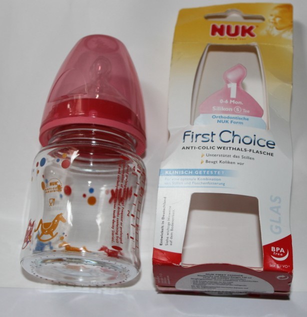 德国原装正品NUK耐高温宽口径彩色玻璃奶瓶120ML 带1号奶嘴0-6月