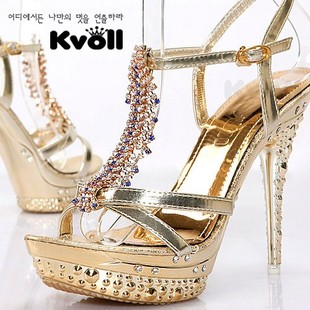 【Kvoll】凉鞋L62346防水台名媛气质款金色镀金镶钻超高跟PU皮