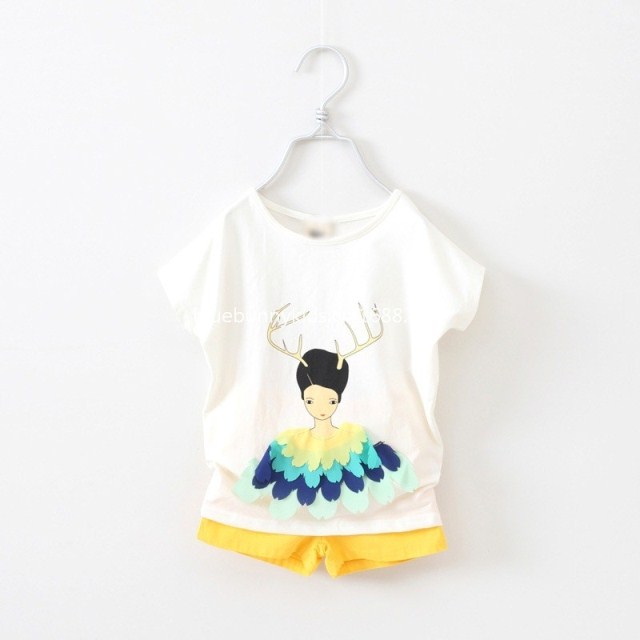 【天天特价】2015夏装新款韩版女童夏装卡通童两件套拼接雪纺短袖