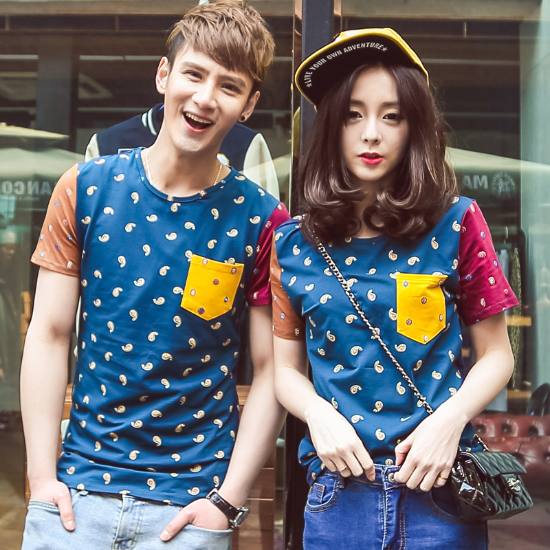 2015夏季新款韩国风情侣装短袖t恤 男女修身打底衫时尚个性印花衫