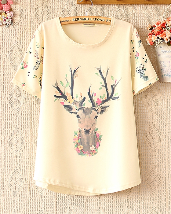 夏季韩版原宿风可爱宽松闺蜜学生装麋鹿小丸子印花短袖短款T恤女