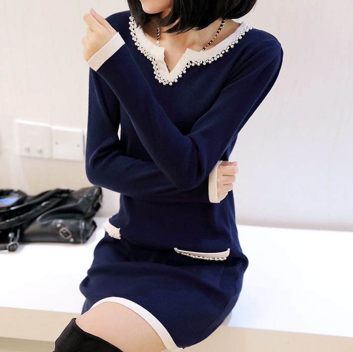 2014秋冬新款韩版女装中长款修身连衣裙长袖套头针织衫打底毛衣女
