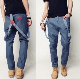 特价 最新 时尚韩版男士修身牛仔背带裤潮流 背带牛仔裤