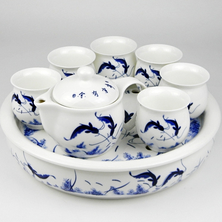 景德镇陶瓷茶具茶壶8头手绘釉中年年有余骨瓷大茶盘双层隔热茶杯