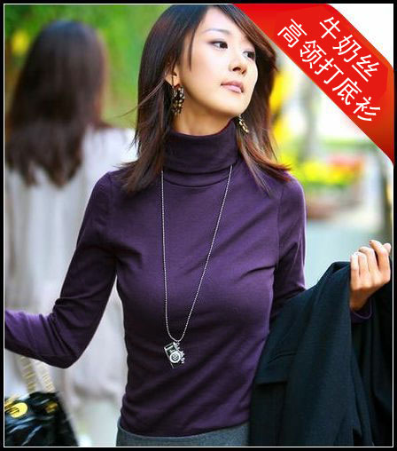2014秋装新款 韩版秋冬高领加绒长袖打底衫 女牛奶丝时尚显瘦T恤