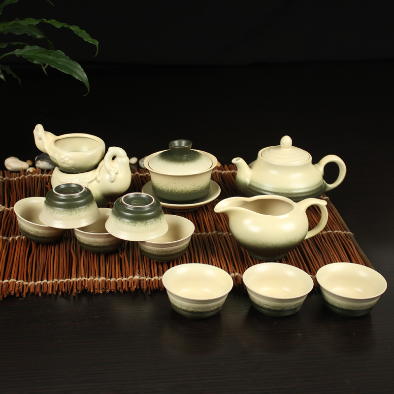 日式粗陶手工功夫茶具套装竹青古汉陶茶具茶壶盖碗茶杯条纹壶13入