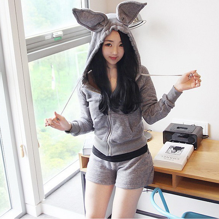 13秋季新款韩版 甜美可爱兔耳朵拉链长袖修身卫衣+短裤 套装G016